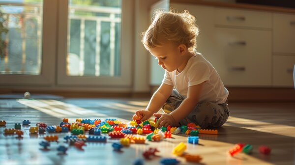 Bild vergr&ouml;&szlig;ern: Ein Kind spielt sitzend auf dem Boden
