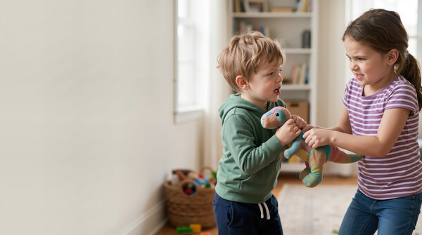 Bild vergr&ouml;&szlig;ern: Zwei Kinder streiten sich um ein Kuscheltier